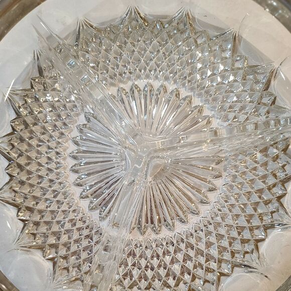 Vintage Silver Rim Lead Crystal Divided 3 Sectioned Shallow Serving Bowl Dish - Picture 2 of 7